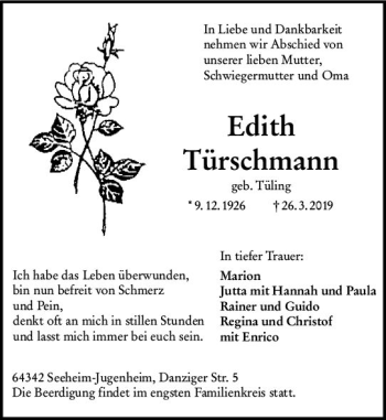 Traueranzeige von Edith Türschmann von vrm-trauer