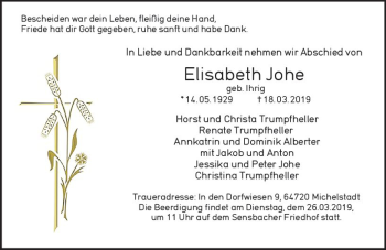 Traueranzeige von Elisabeth Johe von vrm-trauer