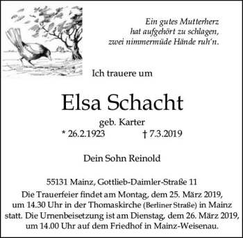 Traueranzeige von Elsa Schacht von vrm-trauer