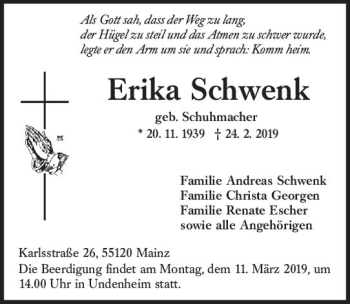 Traueranzeige von Erika Schwenk von vrm-trauer