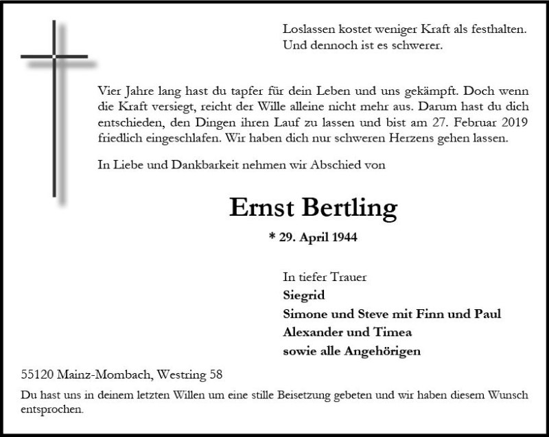  Traueranzeige für Ernst Bertling vom 16.03.2019 aus vrm-trauer