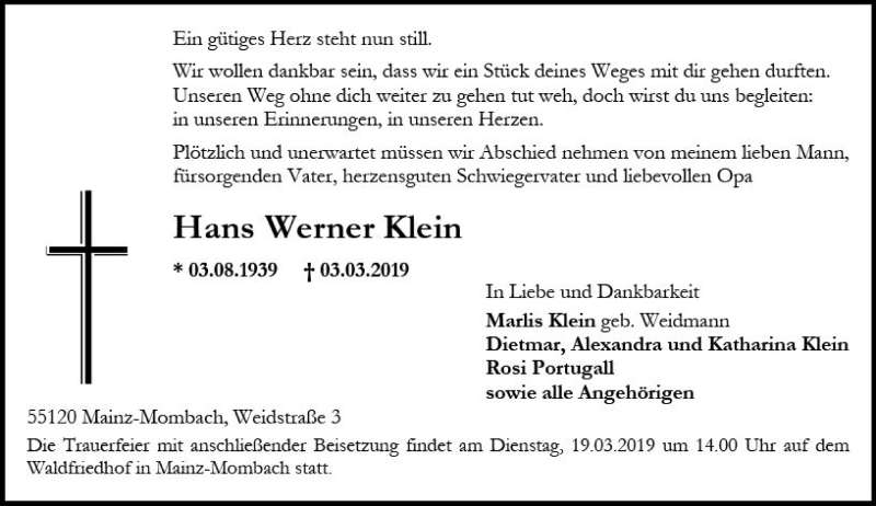  Traueranzeige für Fans Werner Klein vom 16.03.2019 aus vrm-trauer