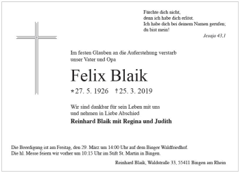 Traueranzeige von Felix Blaik von vrm-trauer