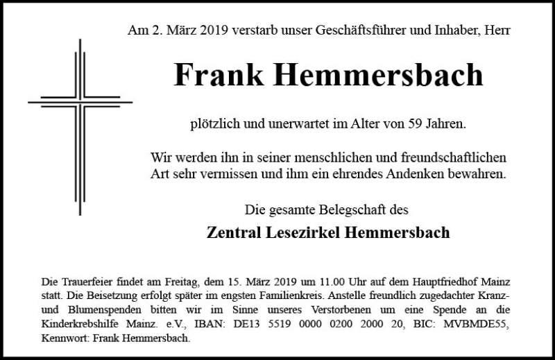  Traueranzeige für Frank Hemmersbach vom 09.03.2019 aus vrm-trauer