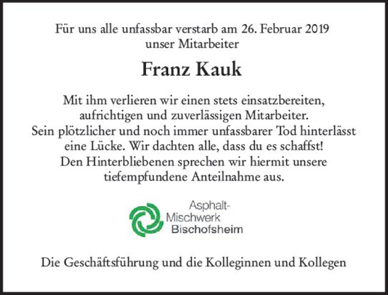  Traueranzeige für Franz Kauk vom 08.03.2019 aus vrm-trauer