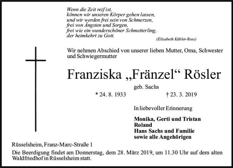  Traueranzeige für Franziska Rösler vom 26.03.2019 aus vrm-trauer