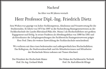 Traueranzeige von Friedrich Dietz von vrm-trauer