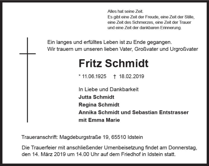  Traueranzeige für Fritz Schmidt vom 09.03.2019 aus vrm-trauer