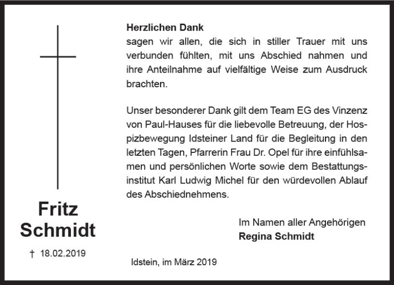  Traueranzeige für Fritz Schmidt vom 30.03.2019 aus vrm-trauer