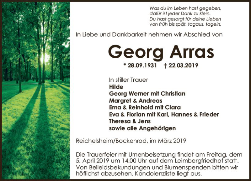  Traueranzeige für Georg Arras vom 30.03.2019 aus vrm-trauer