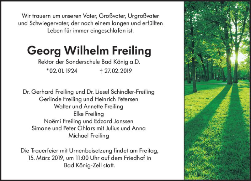  Traueranzeige für Georg Wilhelm Freiling vom 09.03.2019 aus vrm-trauer