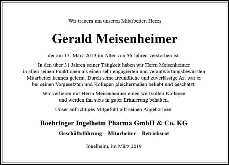  Traueranzeige für Gerald Meisenheimer vom 25.03.2019 aus vrm-trauer