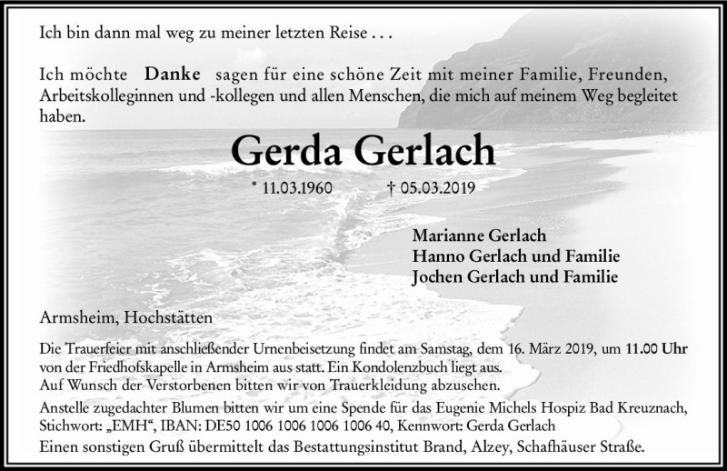  Traueranzeige für Gerda Gerlach vom 09.03.2019 aus vrm-trauer