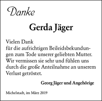 Traueranzeige von Gerda Jäger von vrm-trauer