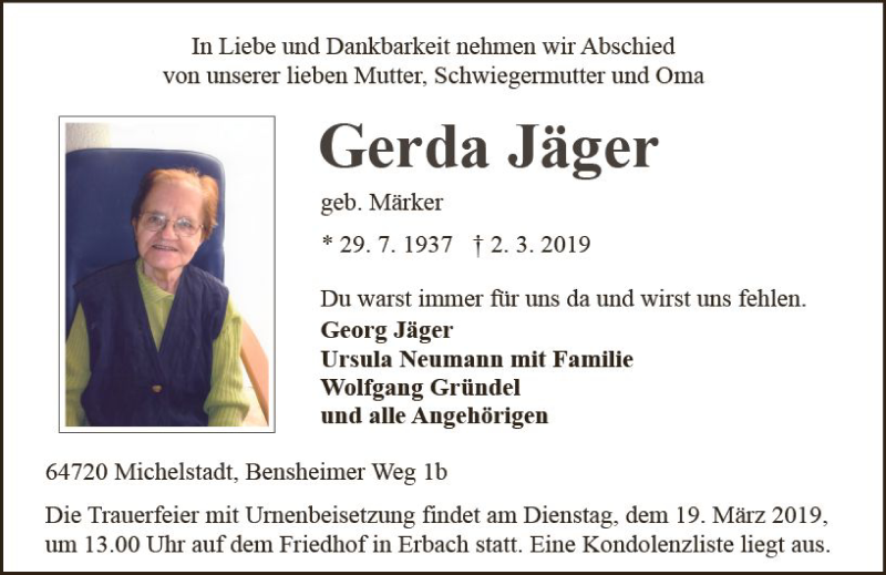  Traueranzeige für Gerda Jäger vom 16.03.2019 aus vrm-trauer