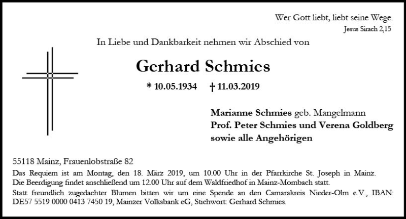  Traueranzeige für Gerhard Schmies vom 16.03.2019 aus vrm-trauer