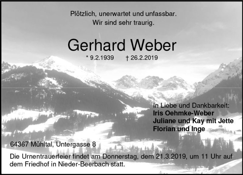  Traueranzeige für Gerhard Weber vom 09.03.2019 aus vrm-trauer