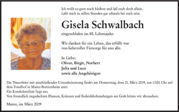 Traueranzeige von Gisela Schwalbach von vrm-trauer