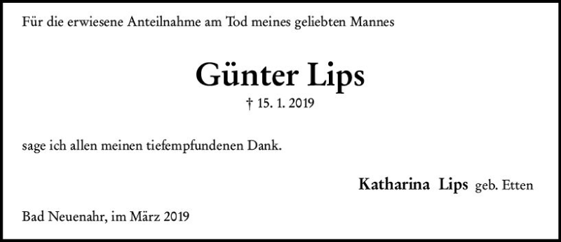  Traueranzeige für Günter Lips vom 02.03.2019 aus vrm-trauer