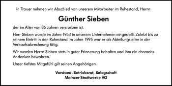 Traueranzeige von Günther Sieben von vrm-trauer