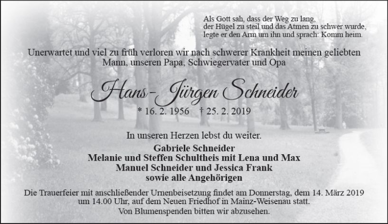  Traueranzeige für Hans-Jürgen Schneider vom 09.03.2019 aus vrm-trauer