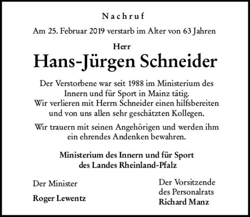  Traueranzeige für Hans-Jürgen Schneider vom 13.03.2019 aus vrm-trauer