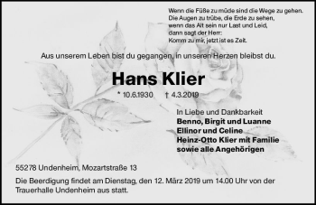 Traueranzeige von Hans Klier von vrm-trauer