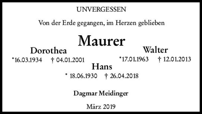  Traueranzeige für Hans Maurer vom 16.03.2019 aus vrm-trauer