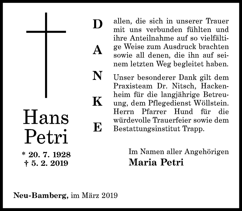  Traueranzeige für Hans Petri vom 14.03.2019 aus vrm-trauer