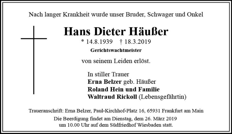  Traueranzeige für Hans Dieter Häußer vom 23.03.2019 aus vrm-trauer