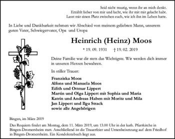 Traueranzeige von Heinrich Heinz Moos von vrm-trauer