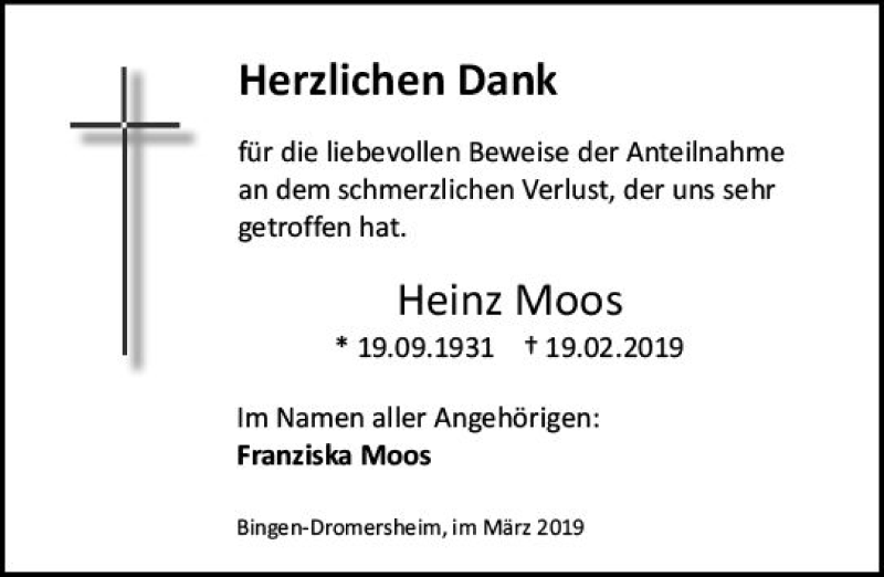 Traueranzeige für Heinz Moos vom 30.03.2019 aus vrm-trauer