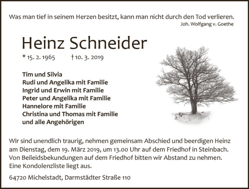  Traueranzeige für Heinz Schneider vom 16.03.2019 aus vrm-trauer