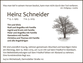 Traueranzeige von Heinz Schneider von vrm-trauer