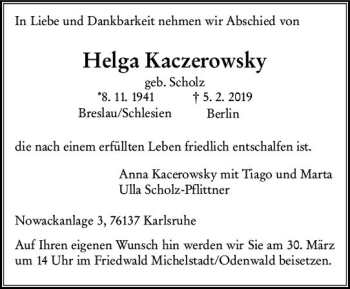 Traueranzeige von Helga Kaczerowsky von vrm-trauer