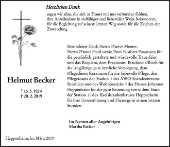 Traueranzeige von Helmut Becker von vrm-trauer