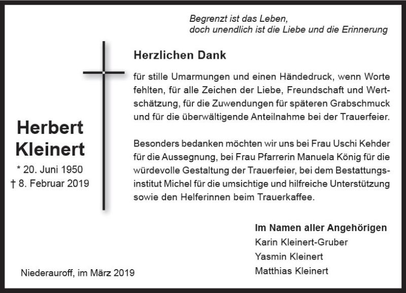  Traueranzeige für Herbert Kleinert vom 30.03.2019 aus vrm-trauer