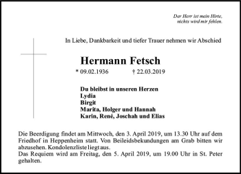 Traueranzeige von Hermann Fetsch von vrm-trauer