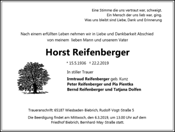 Traueranzeige von Horst Reifenberger von vrm-trauer