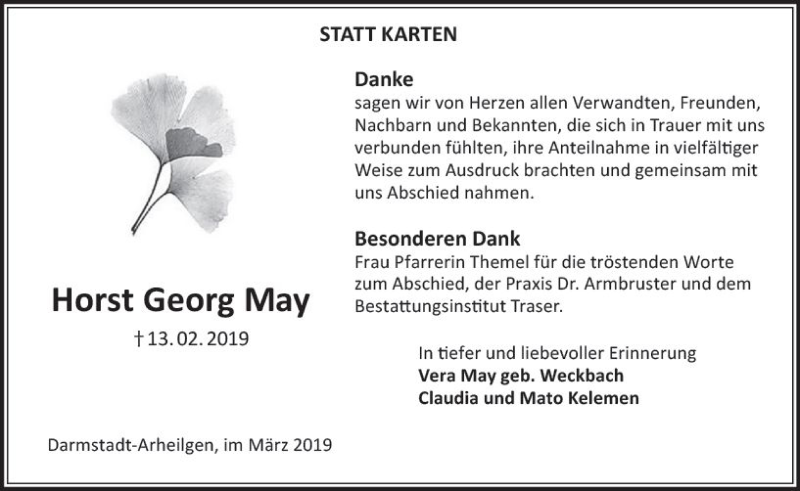 Traueranzeige für Horst Georg May vom 09.03.2019 aus vrm-trauer