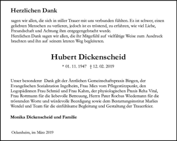 Traueranzeige von Hubert Dickenscheid von vrm-trauer