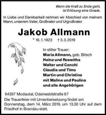 Traueranzeige von Jakob Allmann von vrm-trauer