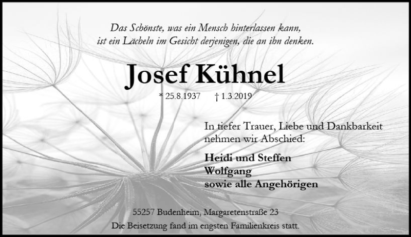  Traueranzeige für Josef Kühnel vom 16.03.2019 aus vrm-trauer