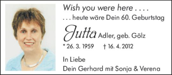 Traueranzeige von Jutta Adler von vrm-trauer