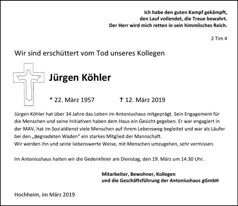  Traueranzeige für Jürgen Köhler vom 15.03.2019 aus vrm-trauer