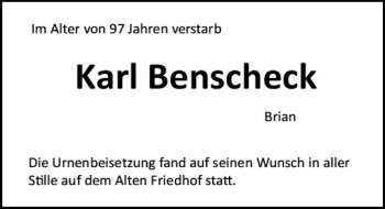 Traueranzeige von Karl Benscheck von vrm-trauer