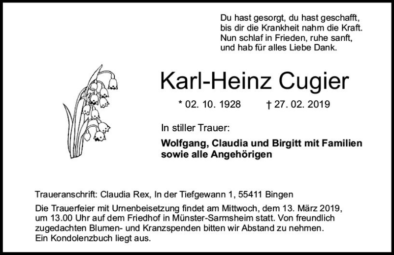  Traueranzeige für Karl-Heinz Cugier vom 09.03.2019 aus vrm-trauer