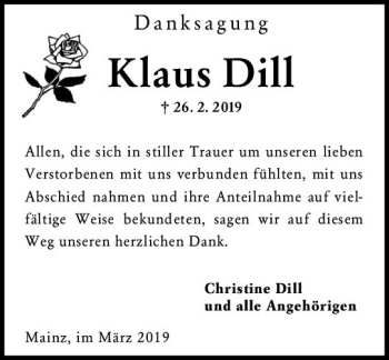 Traueranzeige von Klaus Dill von vrm-trauer