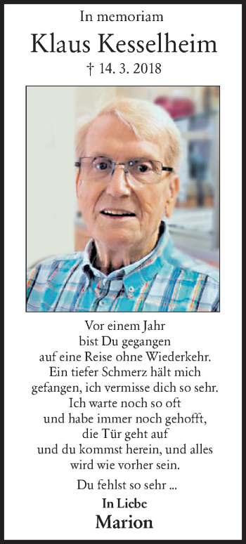 Traueranzeige von Klaus Kesselheim von vrm-trauer