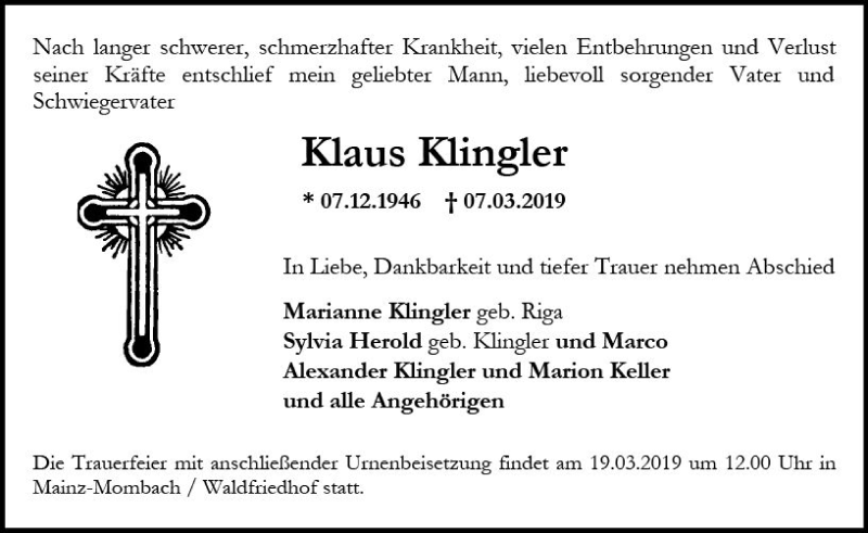  Traueranzeige für Klaus Klingler vom 16.03.2019 aus vrm-trauer